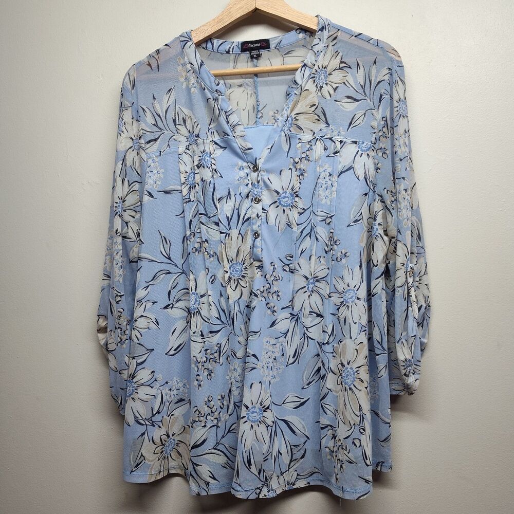Cocomo Blouse Top Women XL Blue Floral Roll Tab Sleeve Feminine Romantic Casual
